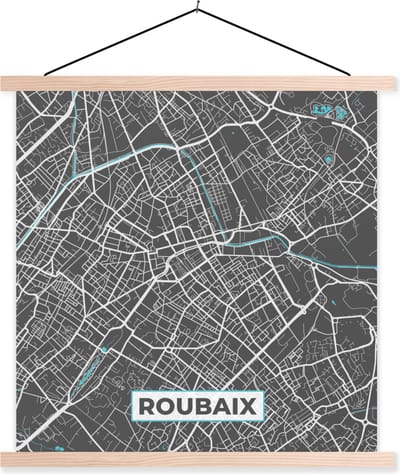 Posterhanger incl. Poster 40x40 cm - Schoolplaat - Roubaix - Frankrijk - Plattegrond - Kaart - Stadskaart - Textielposter - Blanke latten - Stadskaart