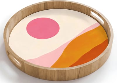 Dienblad rond 40x40 cm - Schootdienblad hout - Zon - Heuvels - Abstract - Roze - Borrelplank rechthoek - Plateau houten dienbladen
