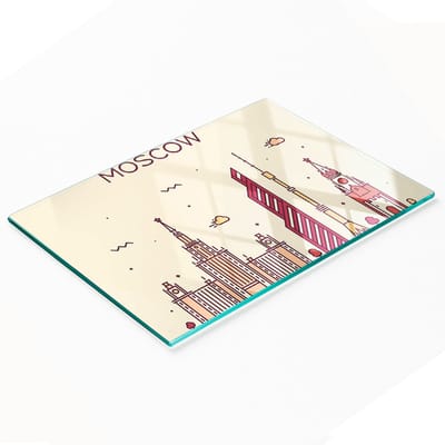 Decoratieve glazen snij- en serveerplank met afbeelding van een gebouw in Moskou, 80x52 cm