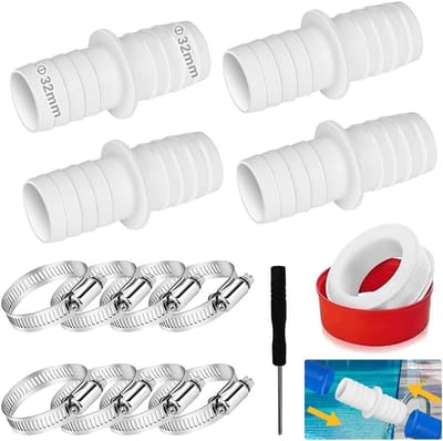 Hose connector 32mm - 4 stuks met slangklemmen en schroevendraaier - ideaal voor zwembadslang - ShopVlot