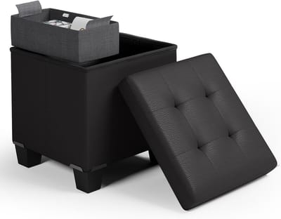 Ottomaanse Voetenbank 15 Inch met Opbergbak - Zitkubus met Ruim Compartiment - Vierkante Voetsteun 660 lbs - Zitbank voor Woonkamer en Slaapkamer - Zwart Kunstleer
