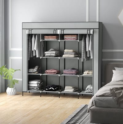STILVORA Kledingkast - Stoffen Kast Met 2 Kledingstangen En 4 Lades - 10 Vakken Voor Slaapkamer En Hal - Staal - 166x42,5x169,5 Cm - Donkergrijs