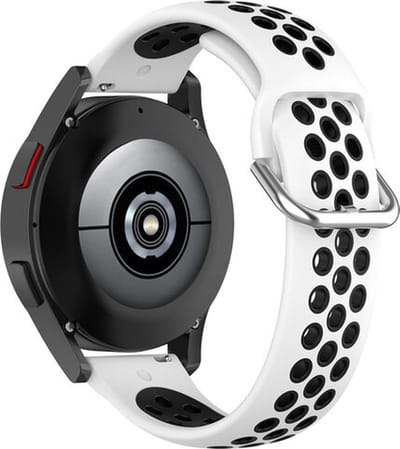 By Qubix - Siliconen sportbandje met gesp 20mm - Wit + zwart - Geschikt voor Samsung Galaxy Watch 7 (40 & 44mm) - Galaxy Watch FE - Galaxy Watch 6 - Galaxy Watch 6 Pro - Galaxy Watch 5 - 5 Pro - Galaxy Watch 4 - 4 Classic - Active 2 - Watch 3 (41mm)