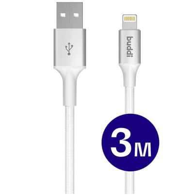 Buddi Flex | USB-A naar Lightning Kabel 12W Fast Charge | 480Mbps Dataoverdracht | Gevlochten Nylon | 3M | 3 Meter | Wit