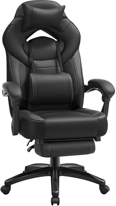Gaming stoel ergonomische bureaustoel computerstoel met voetensteun verstelbare hoofdsteun en lendenkussen 135° kantelontspanning dikke zitting ontwerp draagkracht 150kg voor werk en gaming 70x64x120-128cm zwart