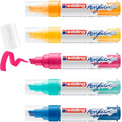 edding 5000 acrylstiften breed - geel, zonne-geel, blauw, roze, turquoise - set met 5 acrylkleuren (abstract) - beitelpunt 5-10 mm - acrylverf voor schilderen op canvas, hout - acrylstiften, watervast