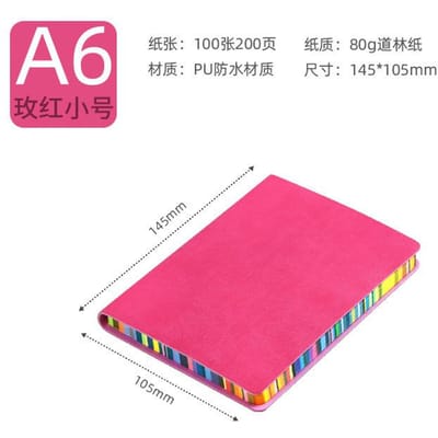 1 carnet de notes A6 avec couverture en cuir souple et bords arc-en-ciel avec 100 feuilles pour bureau, école, étudiant, réunion, journal de bureau rose vif