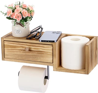 Houten Wandgemonteerde Toiletpapierhouder met Plank en Lade - Badkamer Organizer voor Toiletpapier en Flushable Wipes, Ruimtebesparende Oplossing in Licht Kleur