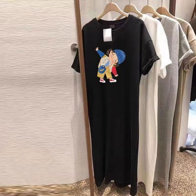 Zomer Nieuw Los T-shirt met Korte Mouwen Damesjurk Middellange en Lange Jurk Top Puur Katoen T-shirt Rok M black