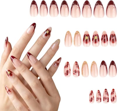 Korte Amandelvormige Kunstnagels in Rood met Gouden Bloemdesign, Volledige Bedekking, Zelfklevende Nagels voor DIY Nail Art en Vrouwen