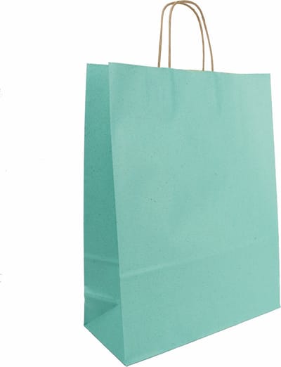 Eco draagtassen graspapier - Turquoise Zeeblauw - 32+13x41 cm - Gedraaide draaggrepen - 50 stuks