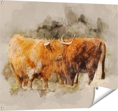 Gards Tuinposter Twee Schotse Hooglander Koeien - Abstract - 100x80 cm - Tuindoek - Tuindecoratie - Wanddecoratie buiten - Tuinschilderij