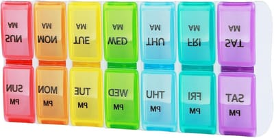 7-Daagse Pillendoos met 14 Compartimenten voor Vitaminen, Visolie en Medicijnen - Ochtend en Avond Gebruik, Verwijderbare Indeling in Meerdere Kleuren
