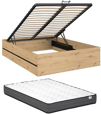 Vente-unique Bed met opbergruimte hout zwart, natuurlijk licht 140 x 190 cm