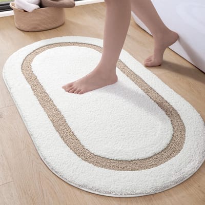 Bath Mat 44x76cm - Soft Absorbent Non-slip Bathroom Rug - Machine Washable Oval Bath Mats for Bathroom Floor - Toilet - Shower - Bathroom Accessories - Beige