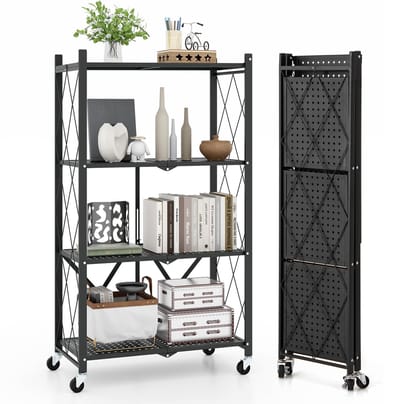 COSTWAY Rek voor zware lasten, inklapbaar, 4 niveaus, staand rek met vergrendelbare wielen, keukenrek met metalen frame, inklapbaar rek, opbergrek voor keuken, kantoor, zwart, 71 x 34 x 126 cm