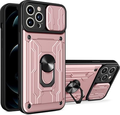 Geschikt voor iPhone 13 Pro hoesje met pashouder - camera bescherming cover en ring houder – Rosegoud – oTronica