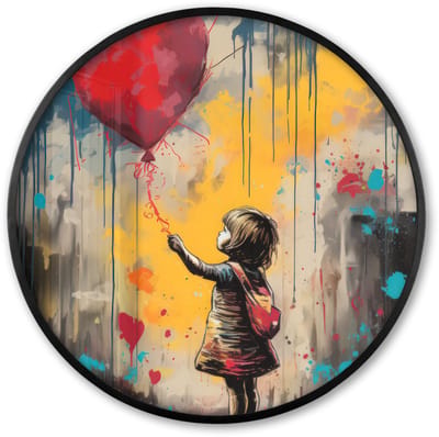 Poster in lijst Rond - Fotolijst 60x60 cm - Posters - Meisje - Ballon - Hart - Graffiti - Ronde posterlijst zwart - Decoratie - Wanddecoratie woonkamer - Muurdecoratie slaapkamer