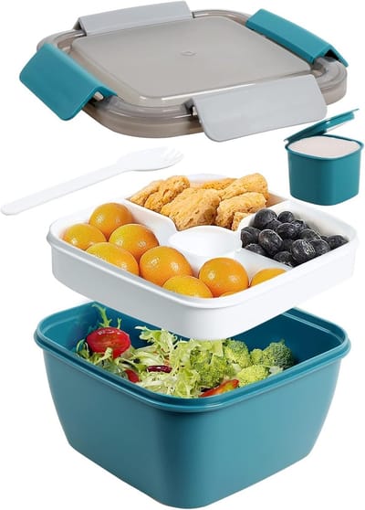 Lunchbox - Broodtrommel - Bento Box - Broodtrommel - Lunchtrommel - Salade lunchbox - Duurzame lunchbox - Lunchbox met vakjes - Met Dressing / Saus Bakje - Volwassenen en Kinderen - Lekvrij - BPA vrij - 1500 ml - Blauw