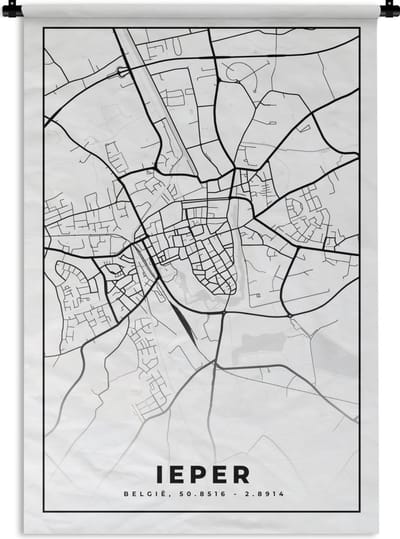 Wandkleed - Wanddoek - Stadskaart – Plattegrond – België – Zwart Wit – Ieper – Kaart - 120x180 cm - Wandtapijt