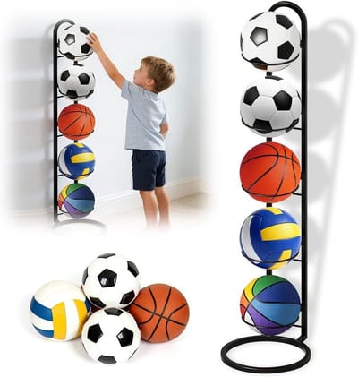 Verstelbare 5-staps balstandaard voor optimale verticale opslag van sportballen, stevig en robuust voor basketbal, voetbal en volleybal.