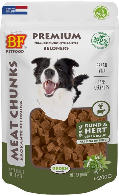 BF Petfood Meat Chunks Rund - Hert - 12 x 200 gr - Voordeelverpakking