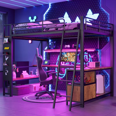 Wishdor Hoogslaper - 140x200 cm - Bureau Met USB, Ledverlichting En Pegboard - Met Opbergvakken En Planken - Zwart - Metaal/MDF