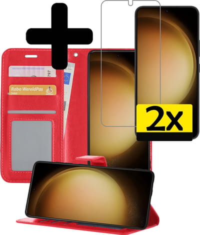 Hoesje - Met 2x Screenprotector - Geschikt voor Samsung Galaxy S23 - Luxe Pasjeshouder - Bookcase Portemonee - Flip Case - Kunstleer Book Case - Flipcase Hoes - Book Cover - Walletcase - Portemonneehoes - Telefoonhoesjes - Rood