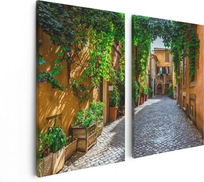 Artaza Canvas Schilderij Tweeluik Straatje in Rome met Groene Planten - 80x60 - Foto Op Canvas - Canvas Print