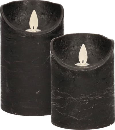 LED kaarsen/stompkaarsen - set 2x - zwart - H10 en H12,5 cm - bewegende vlam