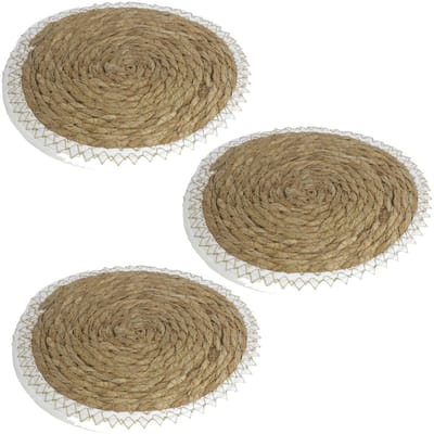 Gerimport Pannen onderzetters - Set van 3x stuks - zeegras - rond - 28x28 cm - naturel/wit - stevig - groot formaat