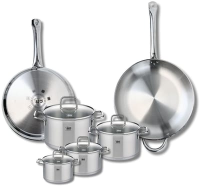 Set van 2 Koekenpannen 28 en 32 cm en 4 kookpotten 12, 14, 16 en 20 cm Elo Profi Citrin