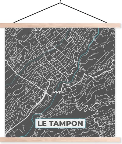 Posterhanger incl. Poster 40x40 cm - Schoolplaat - Kaart – Stadskaart – Le Tampon - Plattegrond – Frankrijk - Textielposter - Blanke latten - Stadskaart
