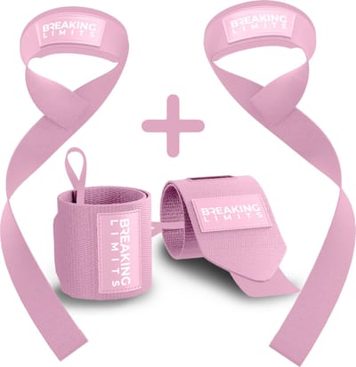 Breaking Limits Lifting Straps + Wrist Wraps Bundel | Fitness, Crossfit & Krachttraining | Roze