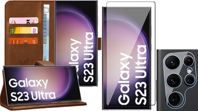 Hoesje geschikt voor Samsung Galaxy S23 Ultra - Screenprotector FullGuard & Camera Lens Screen Protector - Book Case Kunstleer Pasjeshouder Bruin