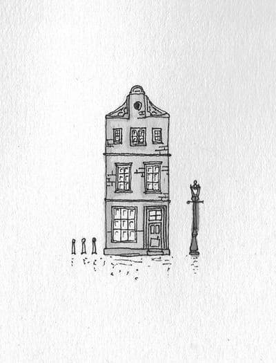 Poster Tekening Grachtenpand Amsterdam Ingelijst - 30x40 cm - WALLLL - Ingelijst