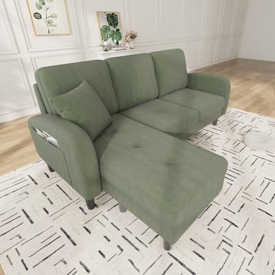 L-vormige Hoekbank met Chaise Longue - 3-zitsbank, L-Bank, 3-Zitsbank, Moderne Hoekbank, 166 x 118 x 77 cm, Corduroy Stof, Kunststof Poten, Modulair Ontwerp, Ideaal voor Woonkamers, Appartementen en Kantoren-Groente