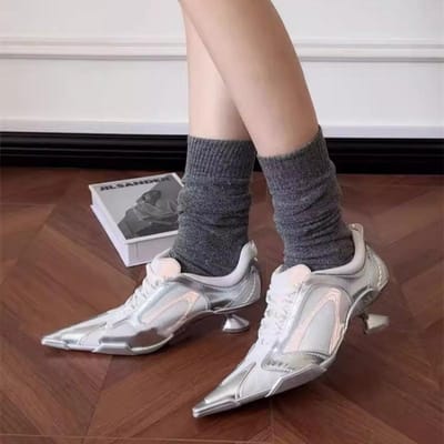 Lage Hakken Puntige Neus Schoenen Dames Vetersluiting Sportieve Stijl Hoge Hakken Dames Kleurblok Veelzijdig Ademend Mesh Bandjes Pumps 38 gray