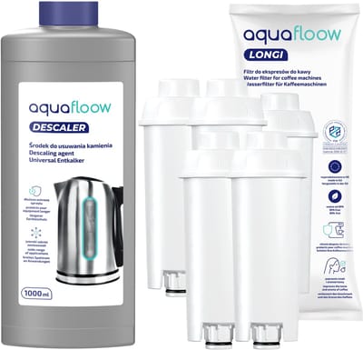 Aquafloow, 4x waterfilter, vervanging voor DeLonghi DLSC002, SER3017 & 5513292811 Koffiezetapparaten, waterfilterpatronen + 1x Ontkalker, AquaFloow, 1l, koffiezetapparaat kit