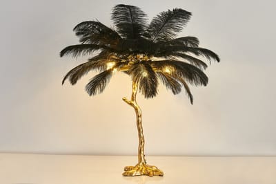mbc-living - veren tafellamp - zwarte veren - gouden poot