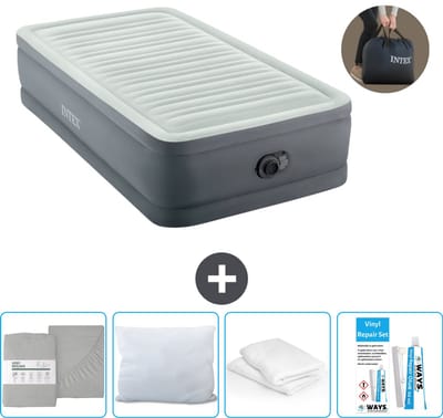 Intex Luchtbed - 1-Persoons - 99 x 191 x 46 cm - Grijs - Inclusief pomp - Hoeslaken - Kussen - Reparatieset en Kussenbeschermer
