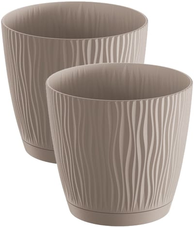 Prosperplast Plantenpot/bloempot Waves - 2x stuks - kunststof - taupe - D13 x H12 cm - binnen/buiten - met opvangschaal