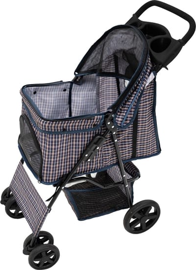 Hondenbuggy incl. regenhoes - ruitblauw - 15 kg draagkracht