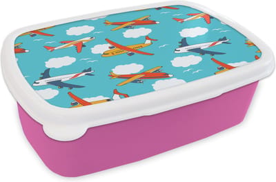 Broodtrommel Roze - Lunchbox - Brooddoos - Patronen - Vliegtuig - Wolk - Lucht - Jongen - Kindje - Kinderen - Kids - 18x12x6 cm - Kinderen - Meisje