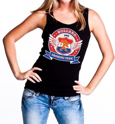Zwart Holland drinking team tanktop / mouwloos shirt / tanktop / mouwloos shirt zwart dames - Koningsdag / supporters kleding S