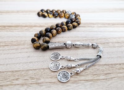 Handgemaakte tesbih "tasbih" natuursteen "Tijgeroog" - Aantal kralen 33 - Diameter kralen 10 MM - met metaal tassel "model 6" - Een mooi cadeau-idee