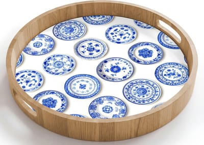 Dienblad rond 40x40 cm - Schootdienblad hout - Borden - Bloemen - Patroon - Blauw - Borrelplank rechthoek - Plateau houten dienbladen