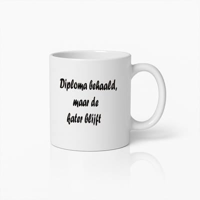 Grappige Diploma Mok – Diploma Behaald Maar De Kater Blijft