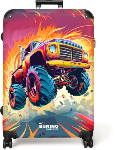 NoBoringSuitcases.com® - Koffer groot - Reiskoffer lichtgewicht - Roze monstertruck vliegt over het asfalt - Rolkoffer met 4 wielen - Grote trolley XL - 98 liter bagage