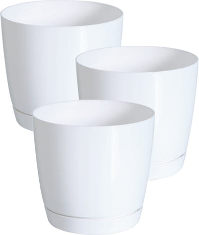 Prosperplast Plantenpot/bloempot met opvangschaal - Set van 3x stuks - kunststof - parel wit D14 x H13 cm - binnen/buiten